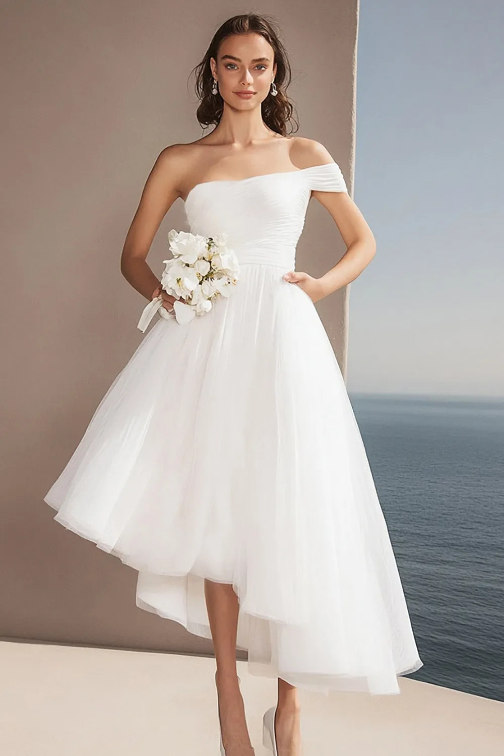 Ivory One Shoulder Organza A Line Asymmetrical Rehearsal Dinner Dress sold by Zapaka