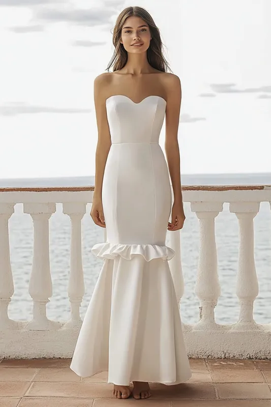 Ivory Sweetheart Mermaid Maxi Satin Rehearsal Dinner Dress with Ruffles sold by Zapaka