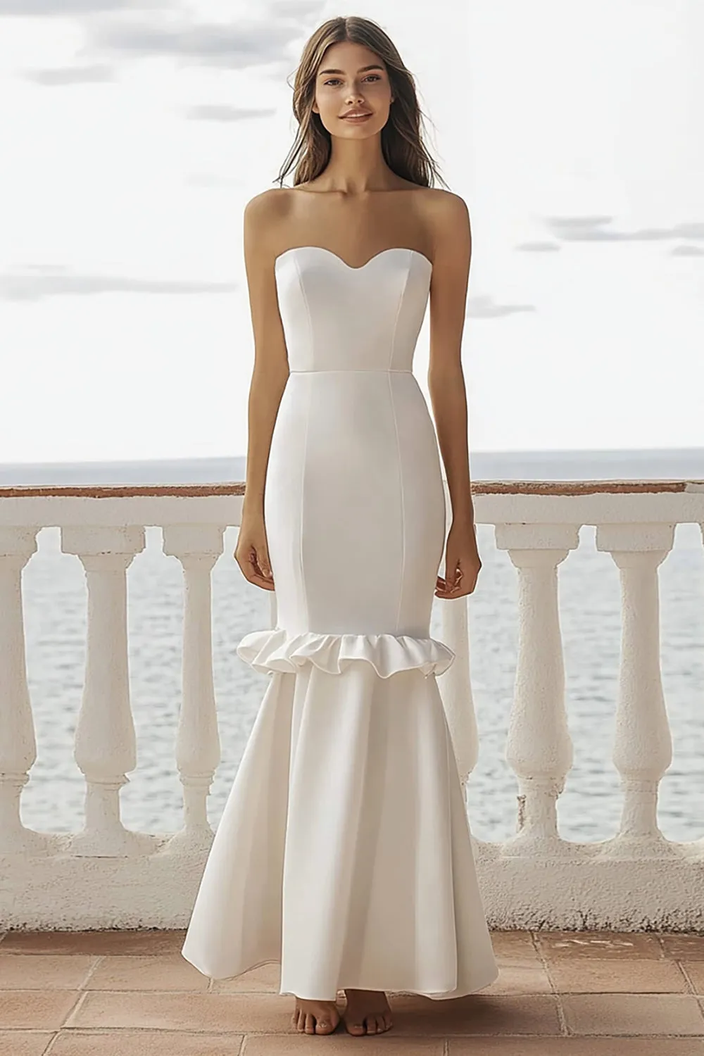 Ivory Sweetheart Mermaid Maxi Satin Rehearsal Dinner Dress with Ruffles sold by Zapaka