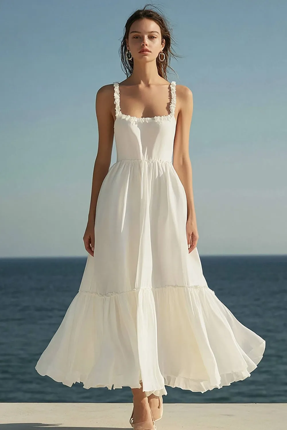 Ivory Square Neck A Line Maxi Wedding Reception Dress with Ruffles sold by Zapaka
