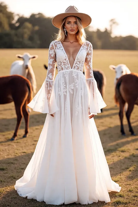 White A Line V Neck Western Wedding Dress with Lace sold by Zapaka