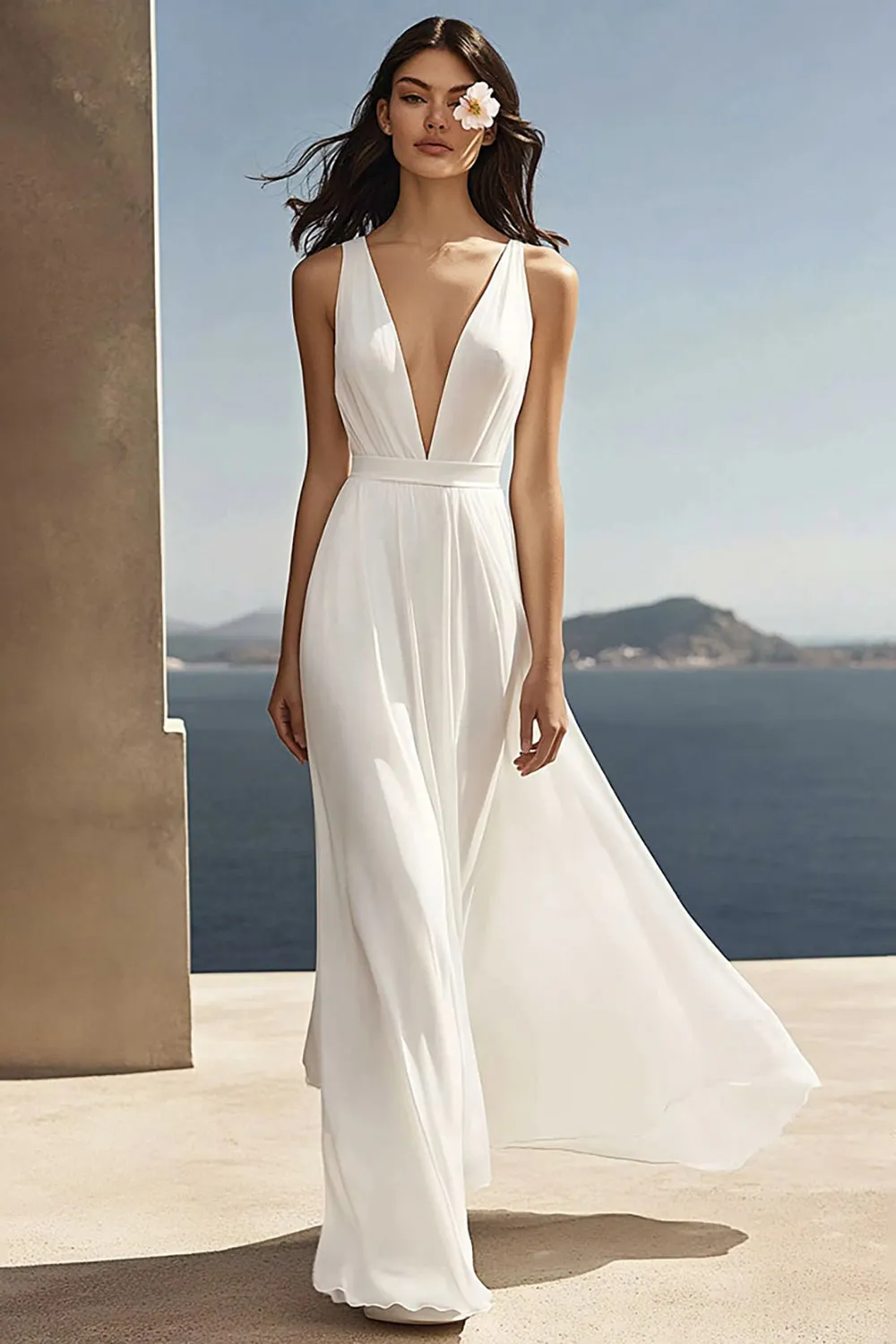 Ivory Chiffon Sheath Deep V-Neck Beach Maxi Engagement Dress sold by Zapaka