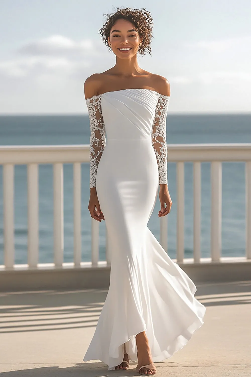 Ivory Chiffon Ruched Mermaid Maxi Rehearsal Dinner Dress with Sleeves sold by Zapaka