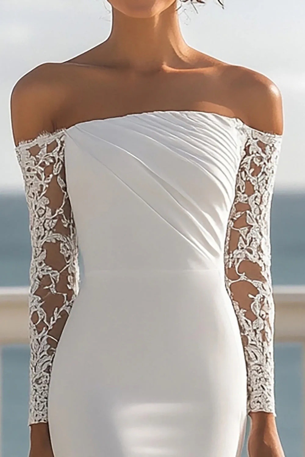 Ivory Chiffon Ruched Mermaid Maxi Rehearsal Dinner Dress with Sleeves sold by Zapaka product image thumbnail 2