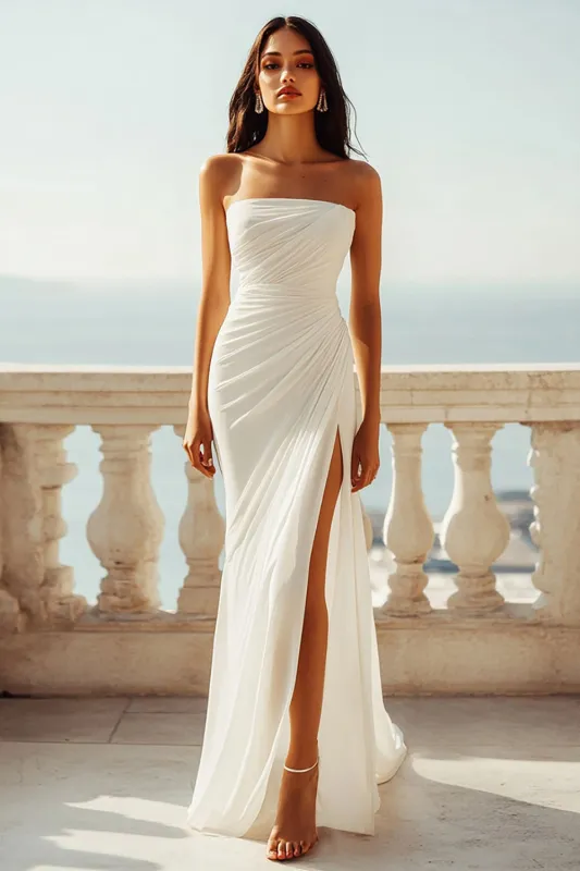 Ruched Strapless Chiffon Ivory Beach Engagement Dress with Slit sold by Zapaka