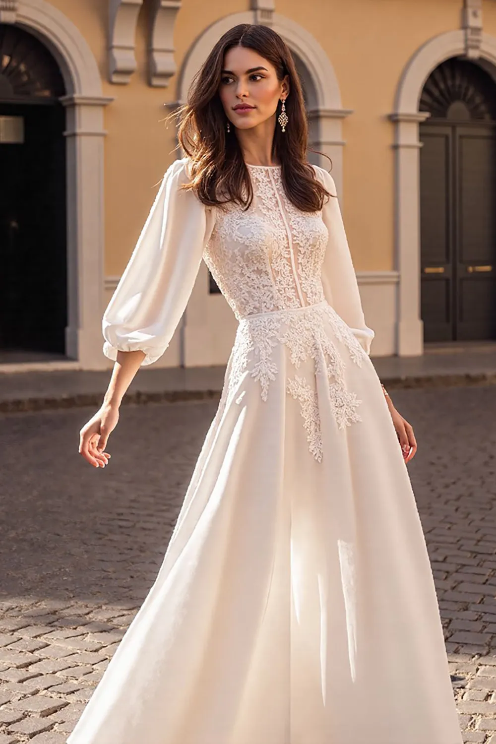 Ivory A Line Long Sleeves Appliqued Wedding Dress sold by Zapaka