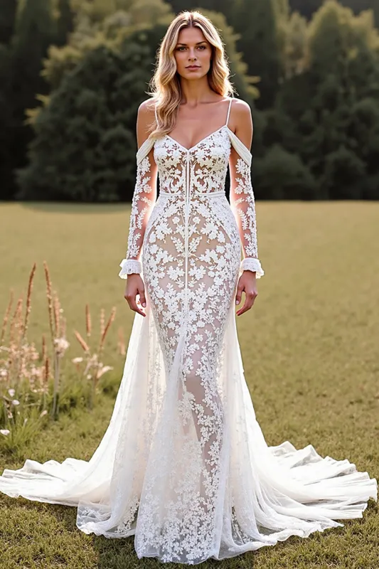 Mermaid Cold Shoulder Lace White Sweep Train Wedding Dress sold by Zapaka