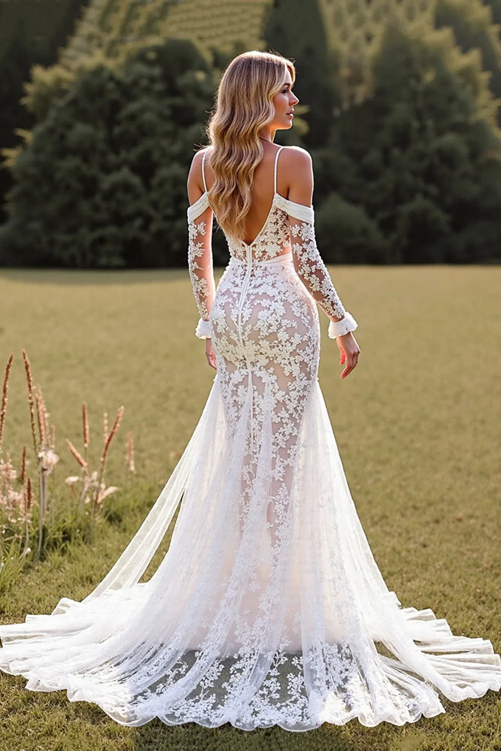 Mermaid Cold Shoulder Lace White Sweep Train Wedding Dress sold by Zapaka product image thumbnail 2