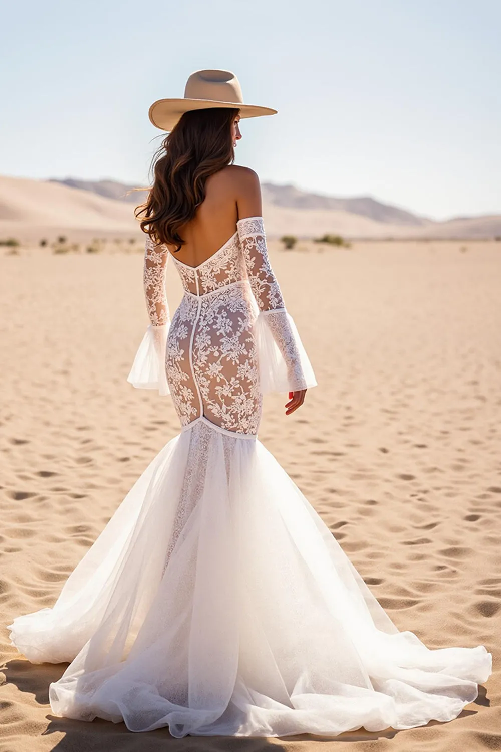 White Mermaid Off the Shoulder Lace Western Wedding Dress sold by Zapaka product image thumbnail 2