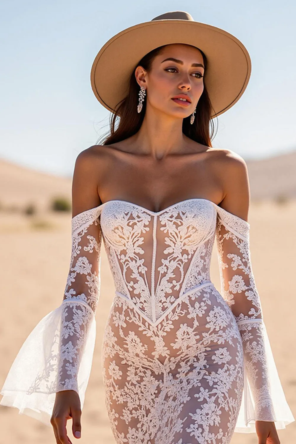 White Mermaid Off the Shoulder Lace Western Wedding Dress sold by Zapaka product image thumbnail 3