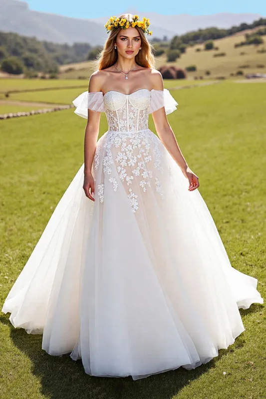 Off The Shoulder A Line Appliqued Ivory Corset Wedding Dress sold by Zapaka