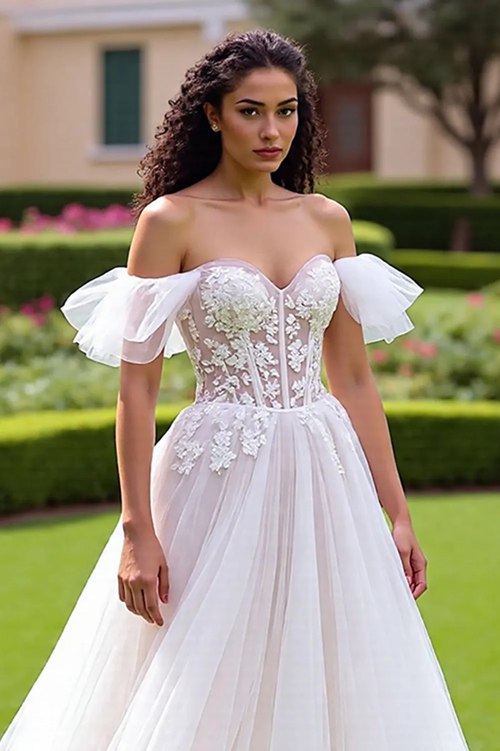 Off The Shoulder Ivory A Line Appliqued Wedding Dress sold by Zapaka product image thumbnail 3