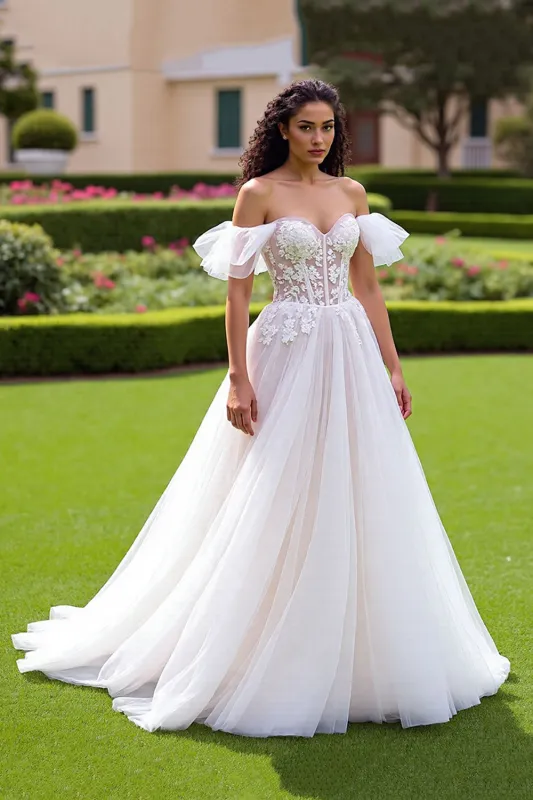 Off The Shoulder Ivory A Line Appliqued Wedding Dress sold by Zapaka