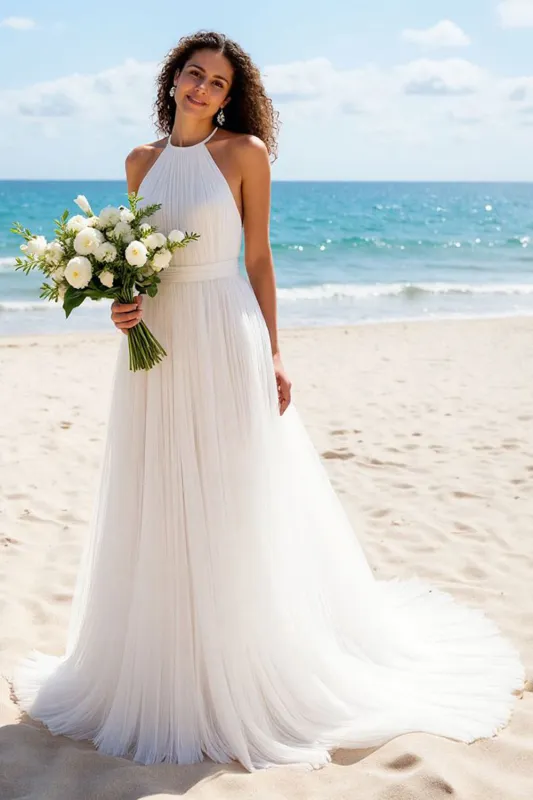 Halter Pleated A Line Ivory Long Wedding Dress sold by Zapaka