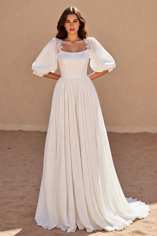 Ivory A Line Half Sleeves Long Wedding Dress sold by Zapaka