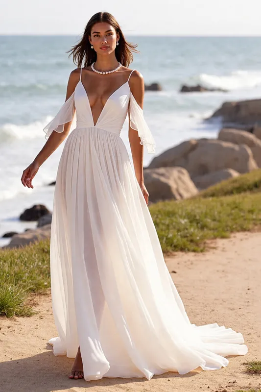 A Line White Cold Shoulder Chiffon Beach Wedding Dress sold by Zapaka