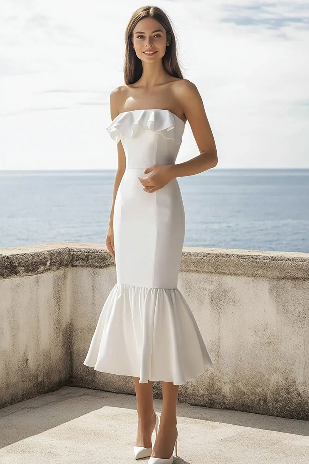 Ivory Strapless Maxi Mermaid Rehearsal Dinner Dress with Ruffles sold by Zapaka