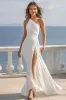 Ivory One Shoulder Ruched Maxi Beach Engagement Dress with Slit sold by Zapaka