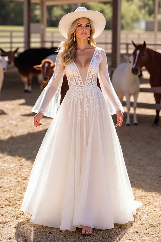 A Line White Deep V Neck Wedding Dress with Lace sold by Zapaka