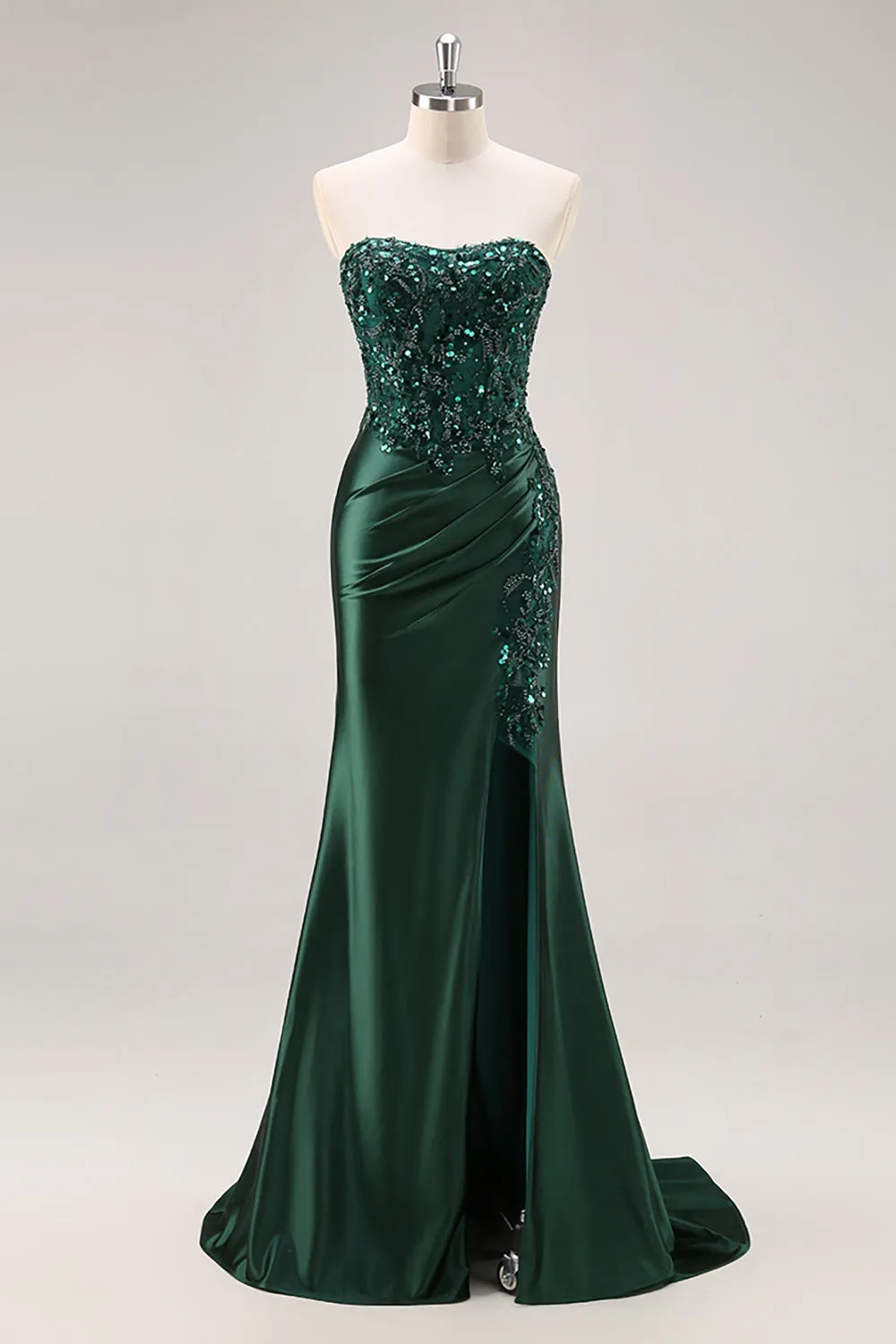 Strapless Mermaid Dark Green Sequin Prom Dress with Slit sold by Zapaka