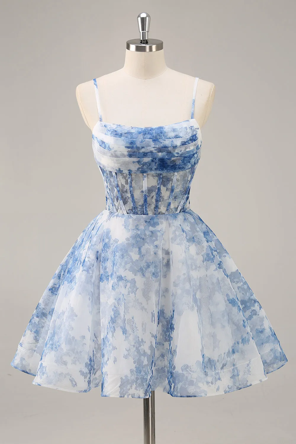 White Blue Flower A Line Corset Ruched Homecoming Dress sold by Zapaka