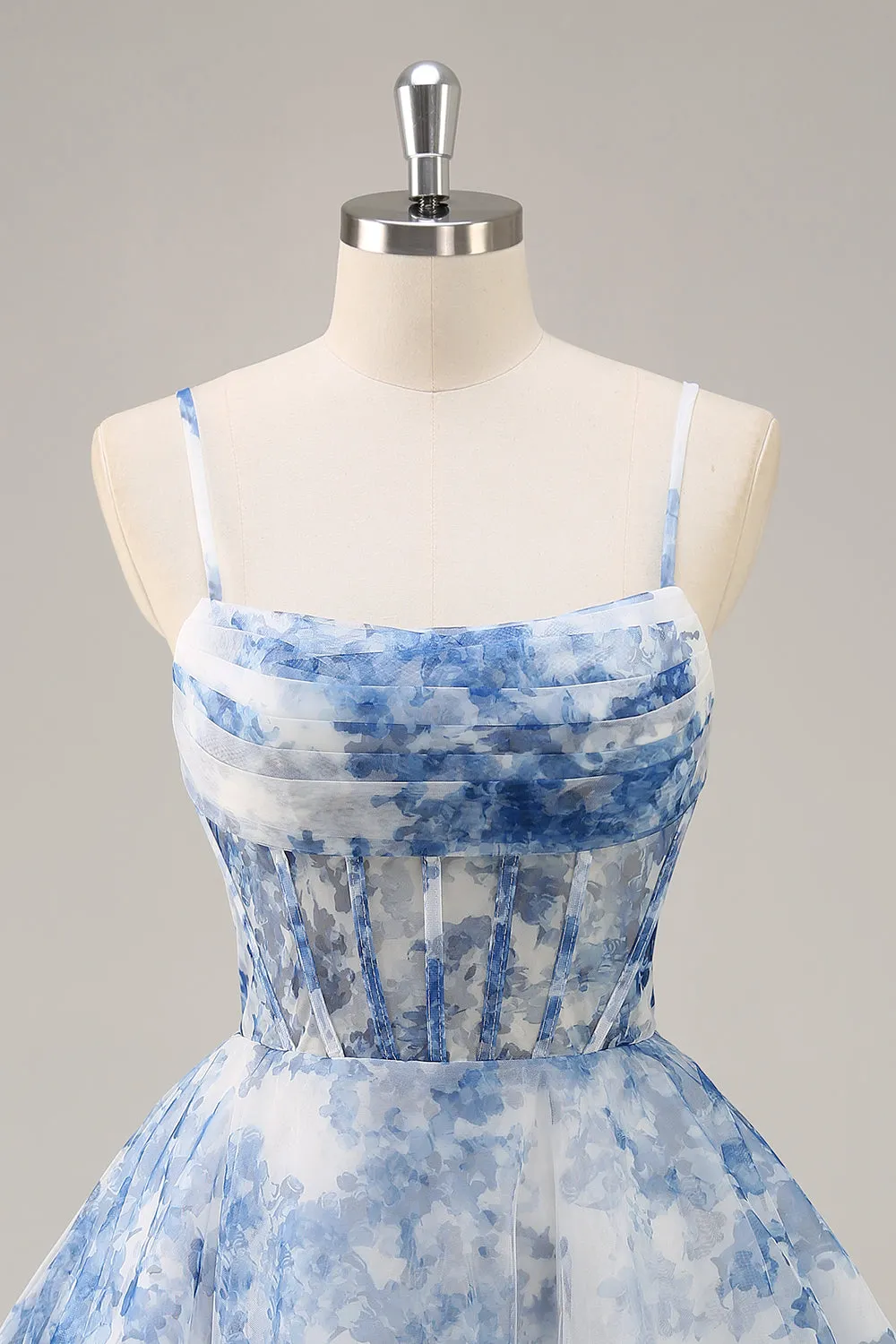 White Blue Flower A Line Corset Ruched Homecoming Dress sold by Zapaka product image thumbnail 4