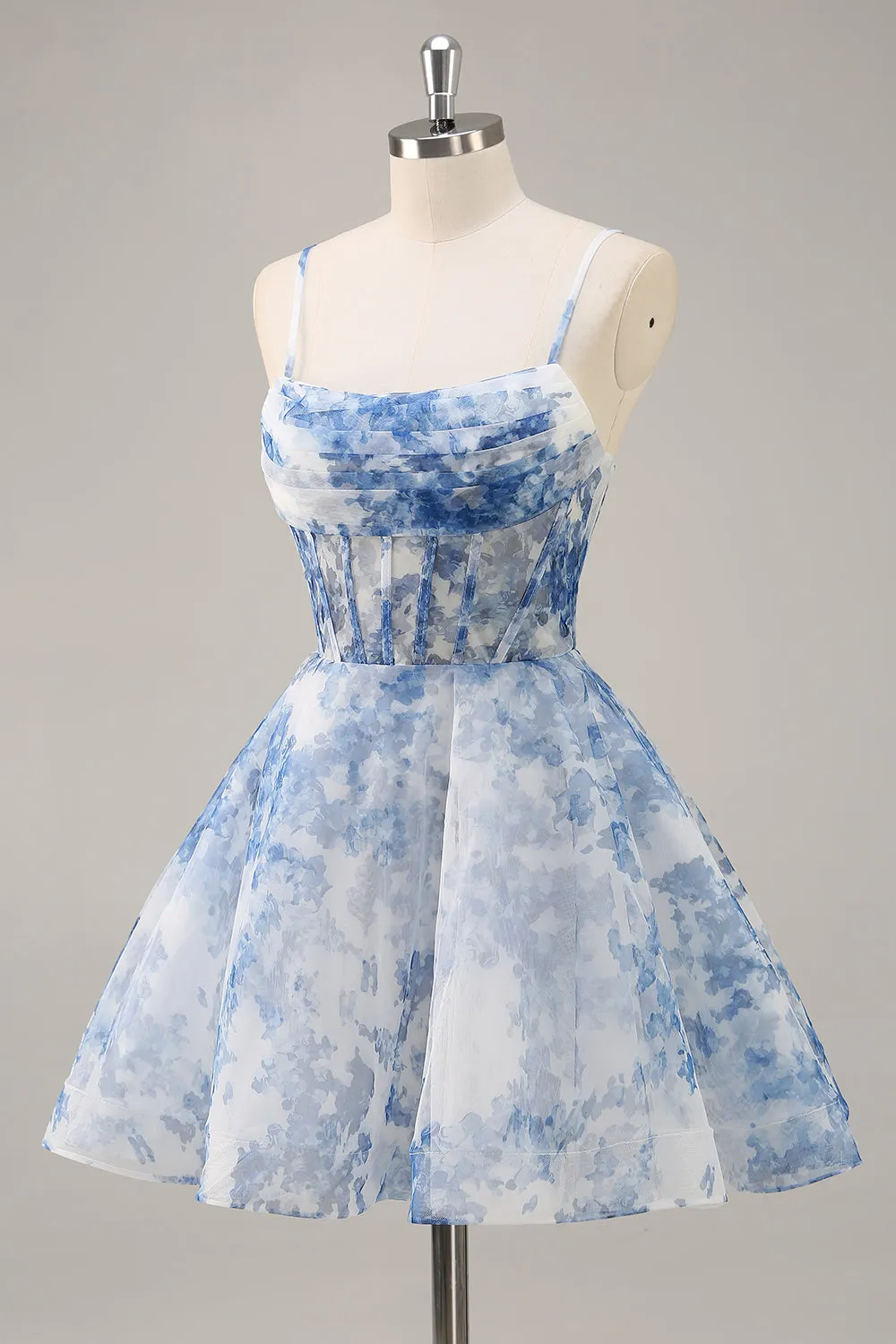 White Blue Flower A Line Corset Ruched Homecoming Dress sold by Zapaka product image thumbnail 3