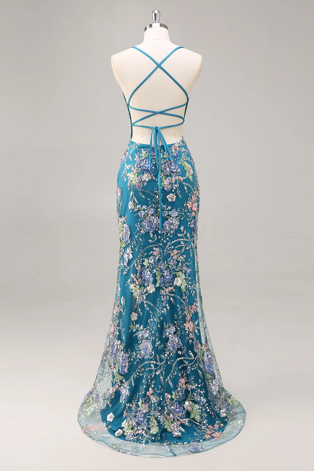 Peacock Mermaid Spaghetti Straps Sequins Long Prom Dress with Appliques sold by Zapaka product image thumbnail 2