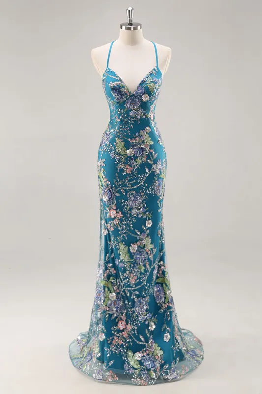 Peacock Mermaid Spaghetti Straps Sequins Long Prom Dress with Appliques sold by Zapaka