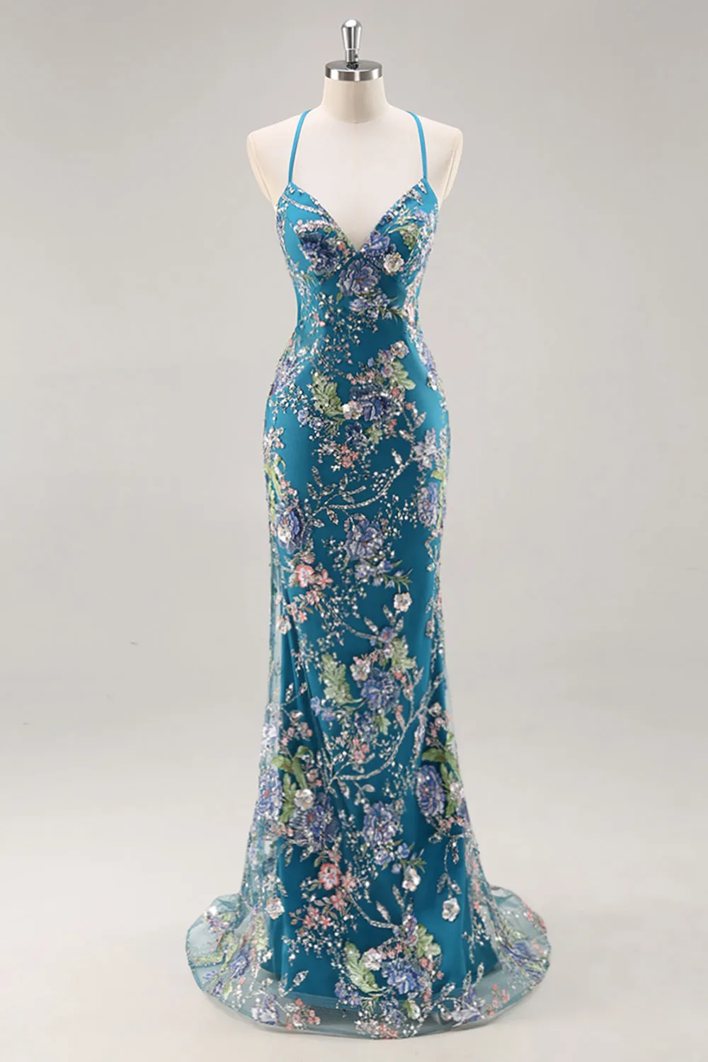 Peacock Mermaid Spaghetti Straps Sequins Long Prom Dress with Appliques sold by Zapaka
