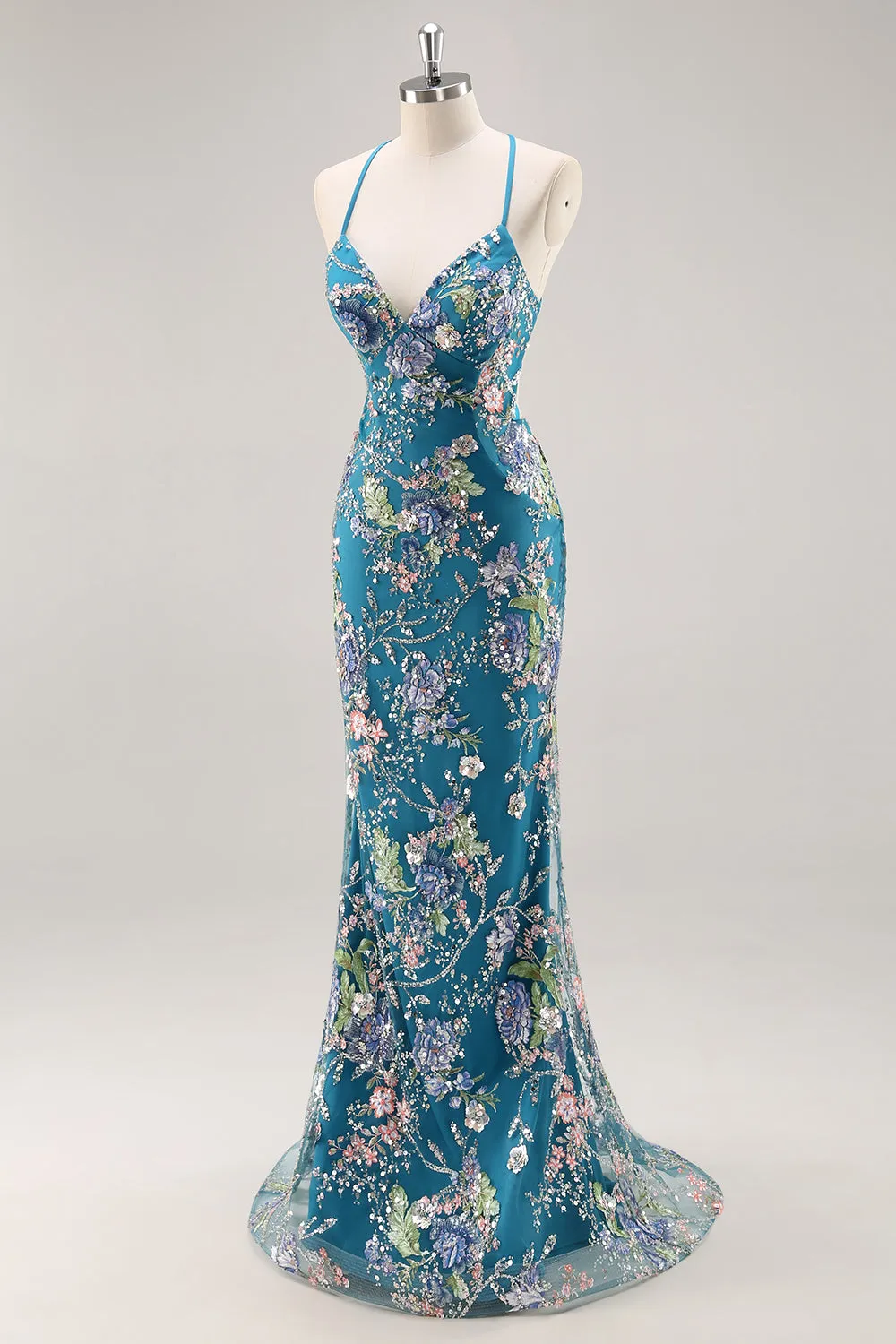 Peacock Mermaid Spaghetti Straps Sequins Long Prom Dress with Appliques sold by Zapaka product image thumbnail 3
