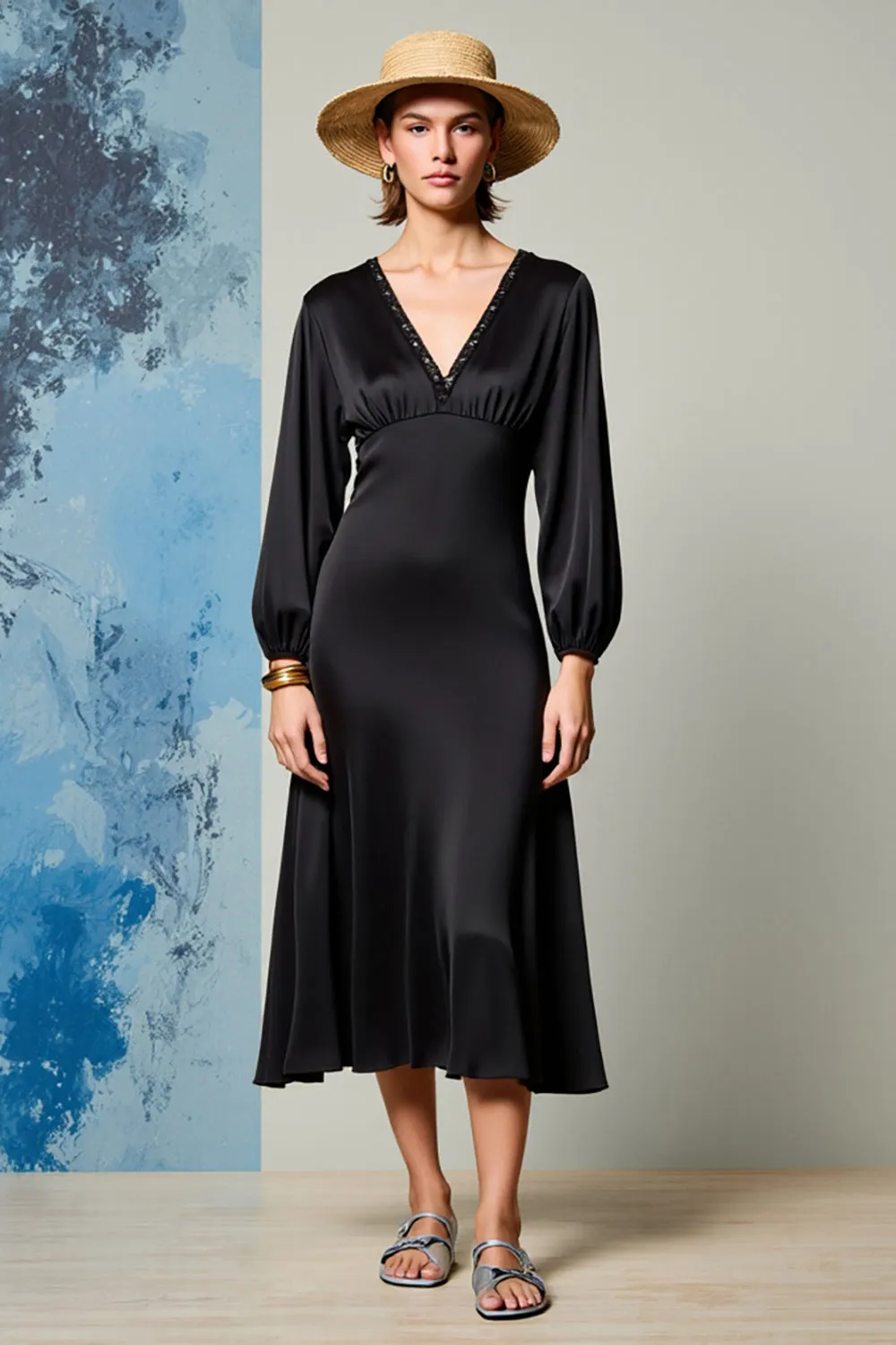 V Neck Black A Line Ruched Wedding Guest Dress sold by Zapaka