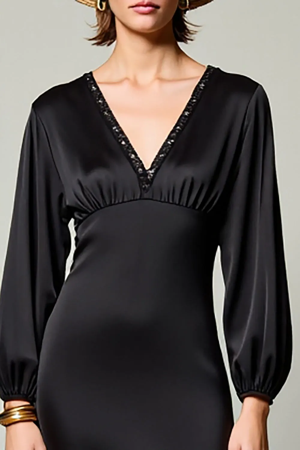 V Neck Black A Line Ruched Wedding Guest Dress sold by Zapaka product image thumbnail 3