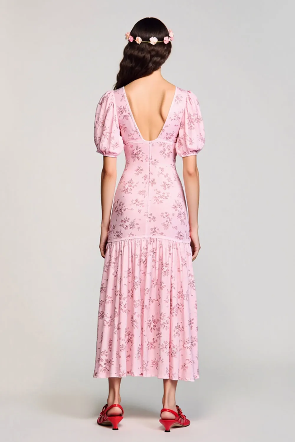 Pink Printed A Line Ruched Wedding Guest Dress sold by Zapaka product image thumbnail 2