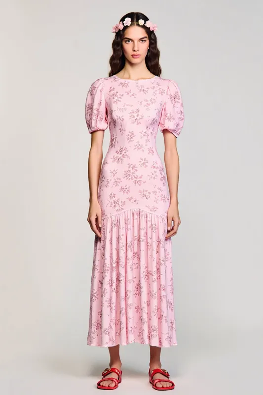 Pink Printed A Line Ruched Wedding Guest Dress sold by Zapaka