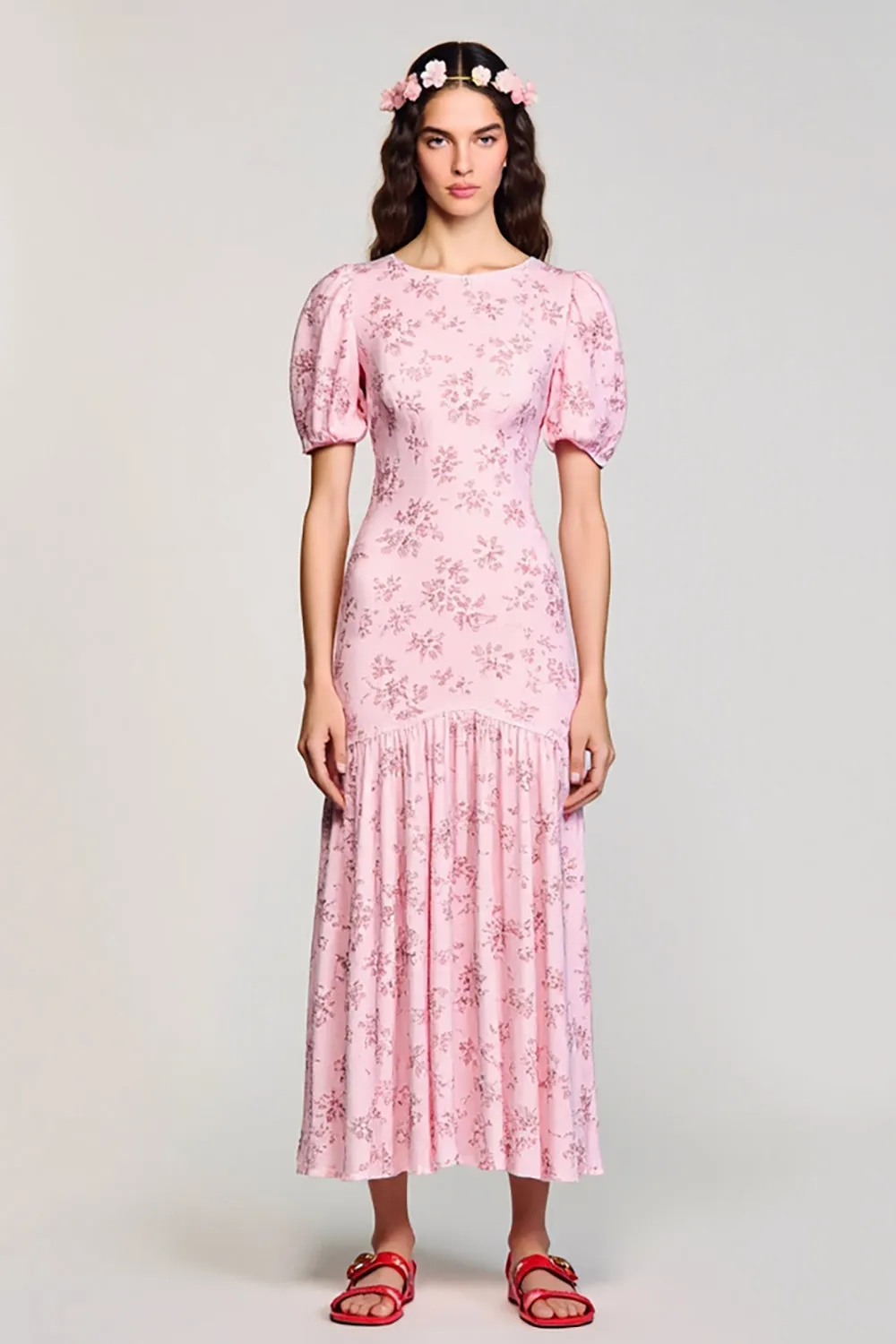 Pink Printed A Line Ruched Wedding Guest Dress sold by Zapaka