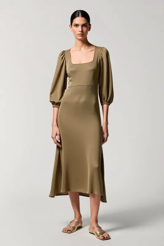 Square Neck Olive A Line Wedding Guest Dress sold by Zapaka