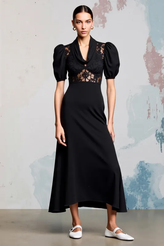 Cowl Neck A Line Black Long Wedding Guest Dress With Lace sold by Zapaka