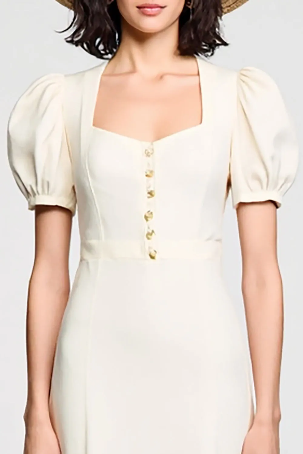 A Line Puff Sleeve Midi Ivory Wedding Guest Dress sold by Zapaka product image thumbnail 3