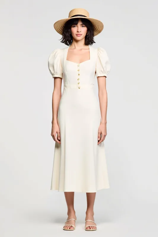 A Line Puff Sleeve Midi Ivory Wedding Guest Dress sold by Zapaka