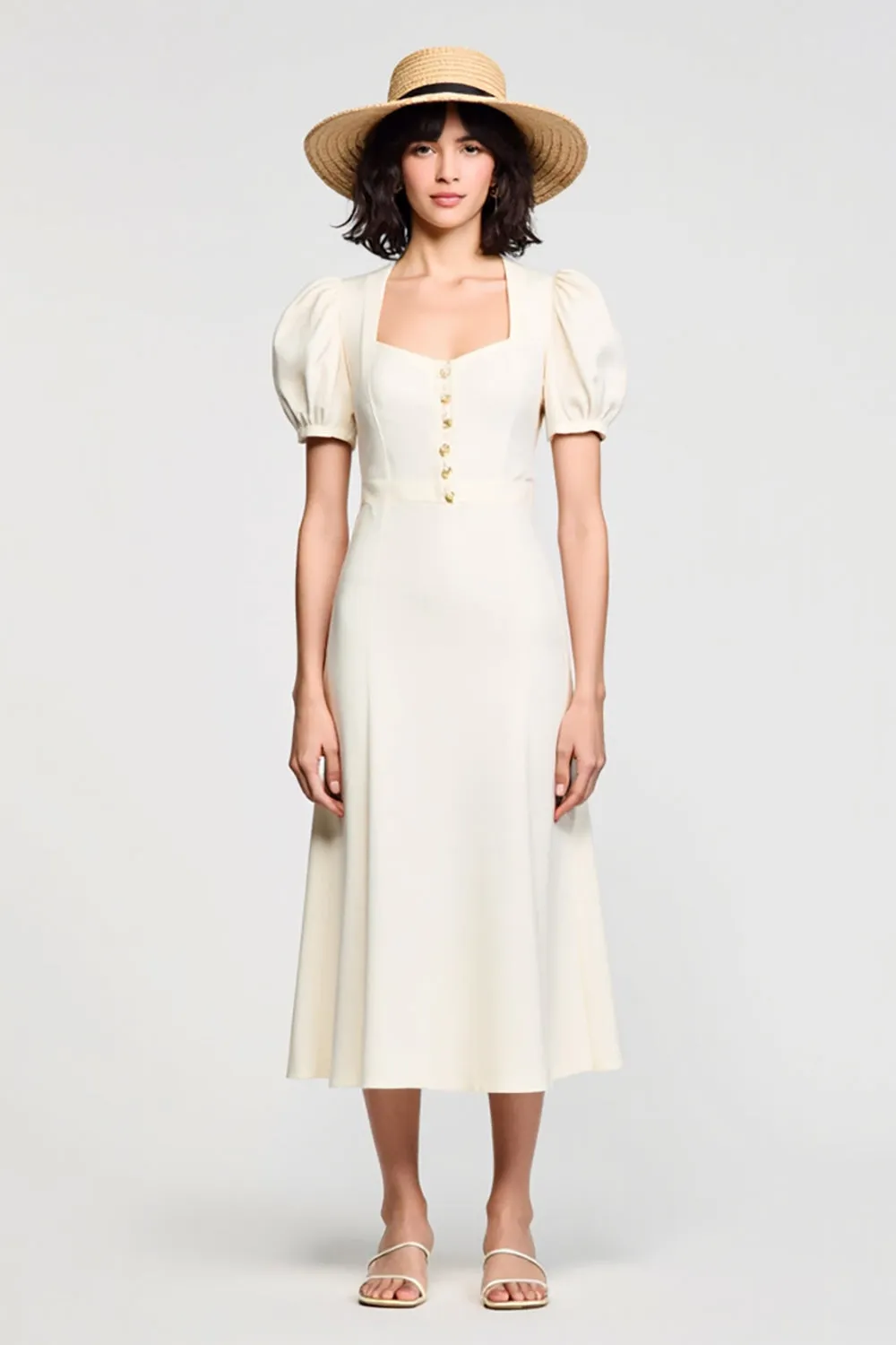 A Line Puff Sleeve Midi Ivory Wedding Guest Dress sold by Zapaka