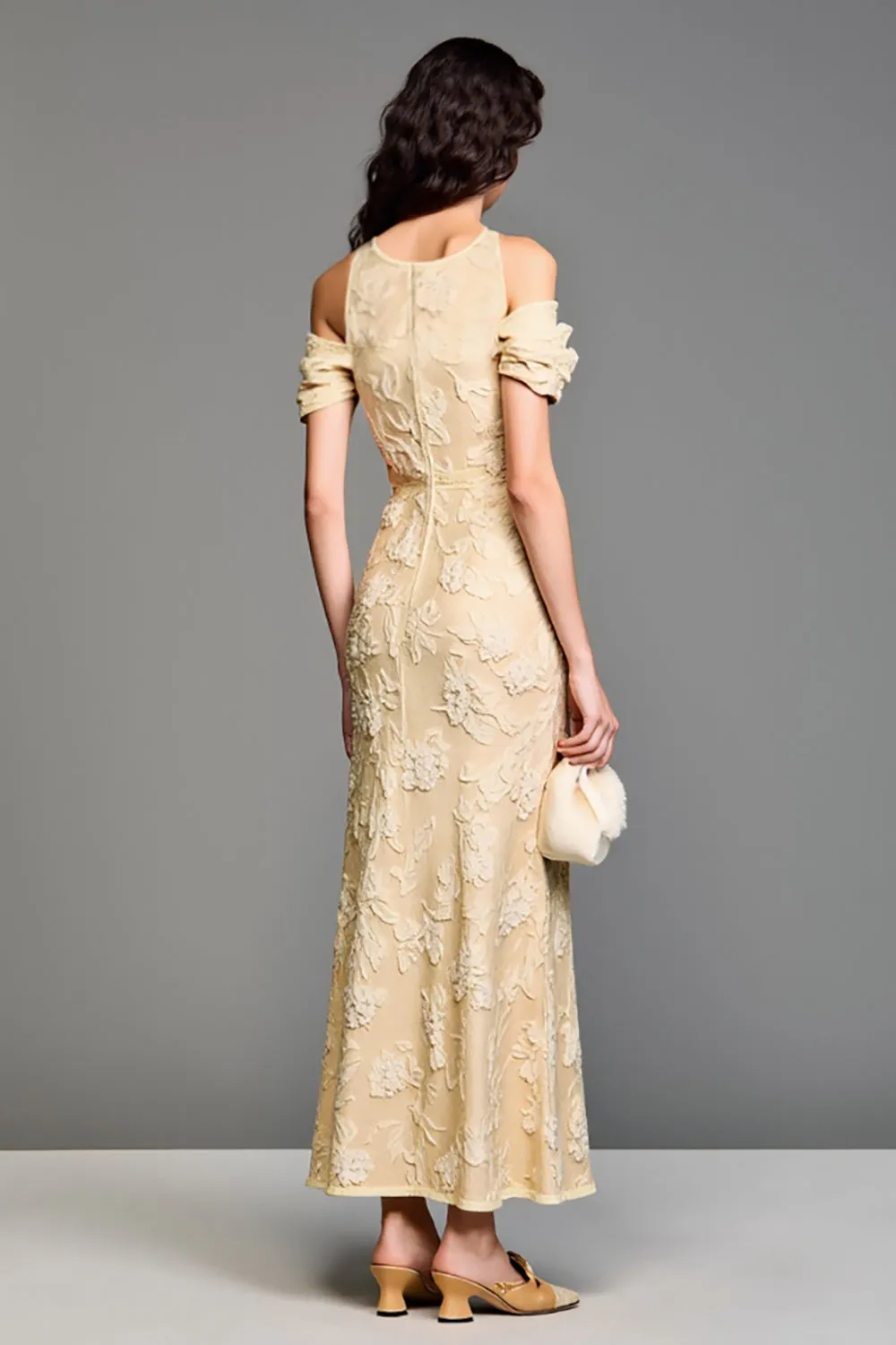 Jacquard Yellow Off the Shoulder A Line Wedding Guest Dress sold by Zapaka product image thumbnail 2