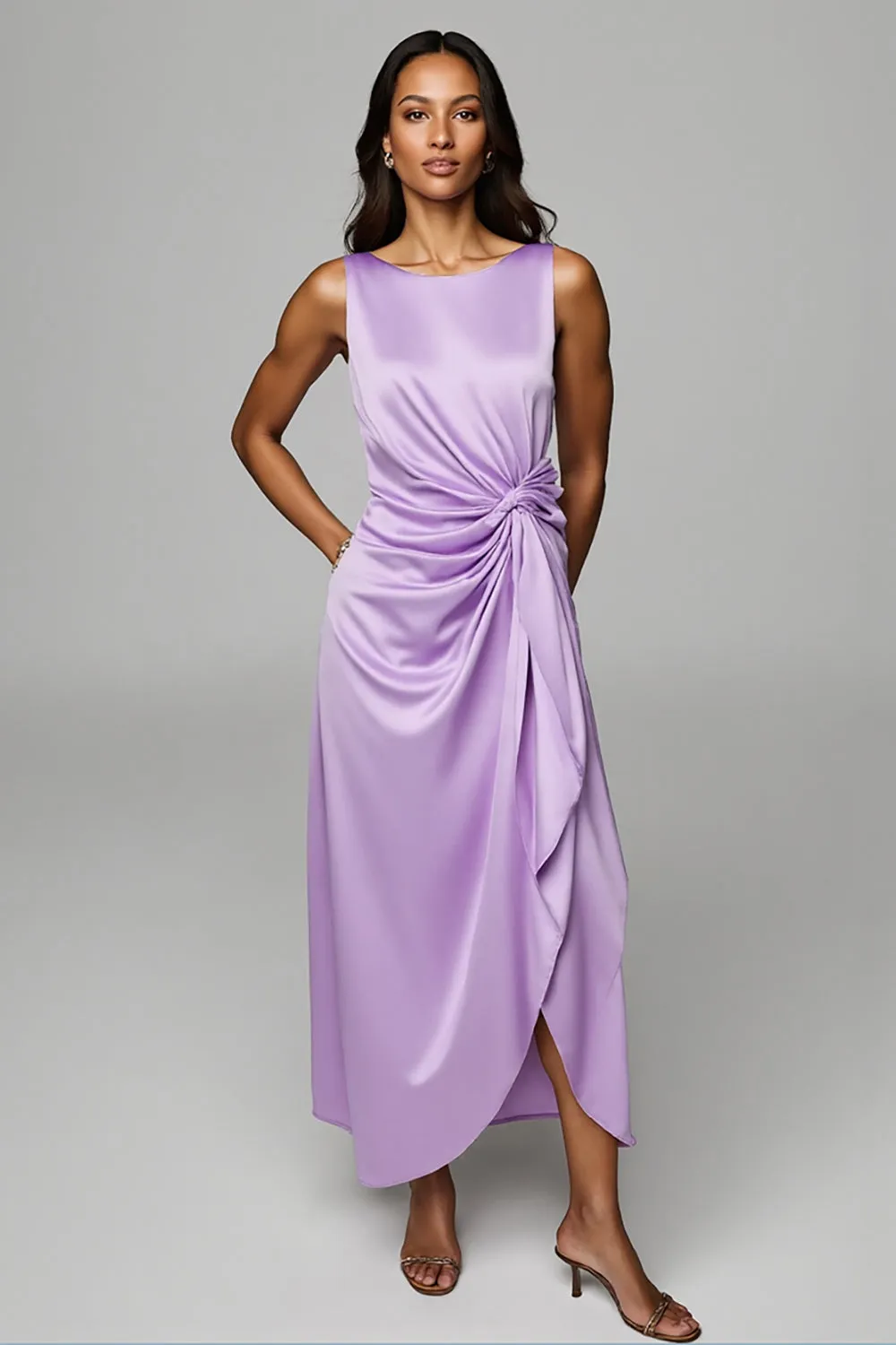 Purple Satin Sheath Boat Neck Maxi Wedding Guest Dress with Drape sold by Zapaka
