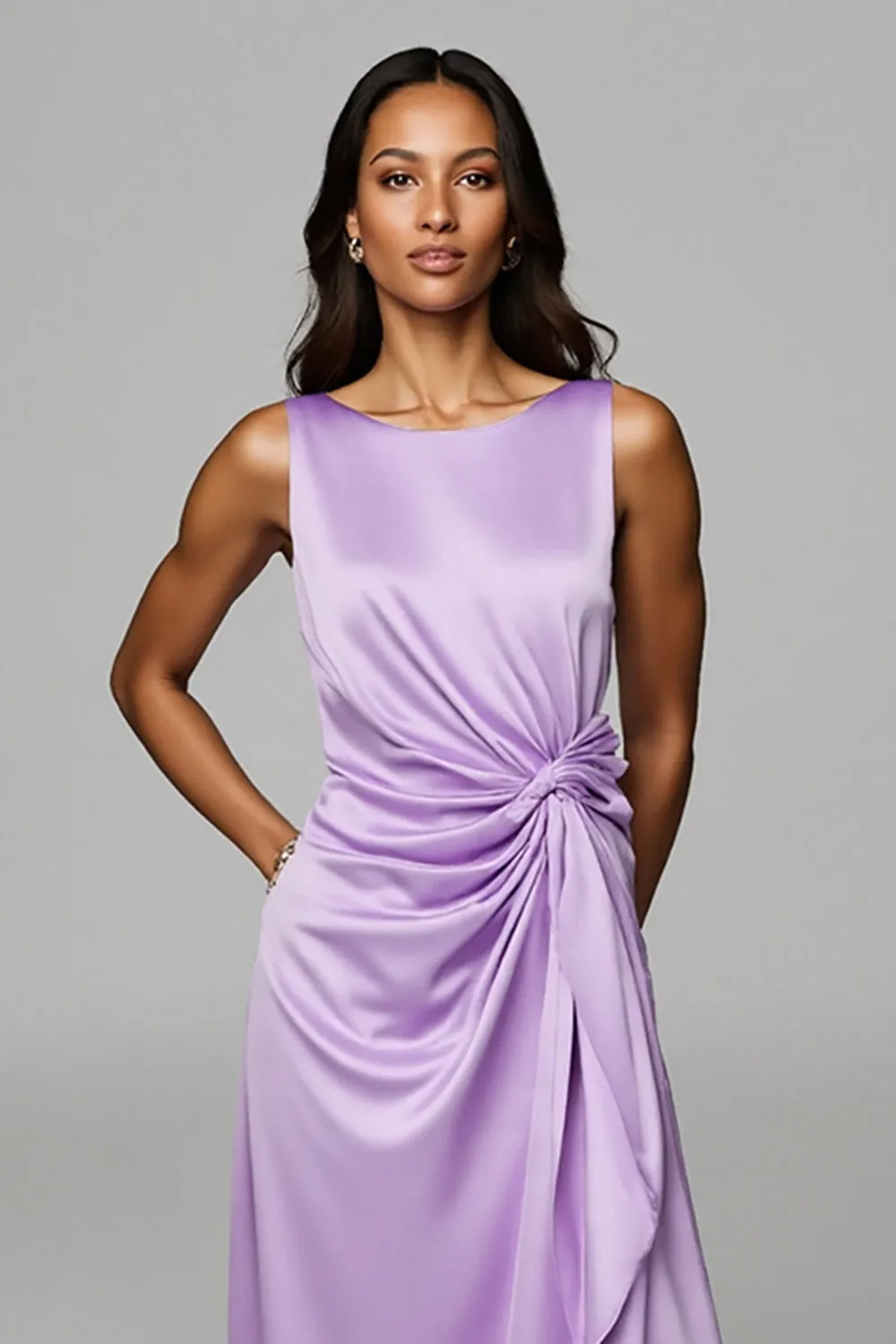 Purple Satin Sheath Boat Neck Maxi Wedding Guest Dress with Drape sold by Zapaka product image thumbnail 3