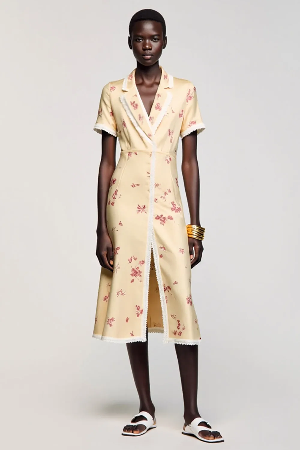 Apricot Printed Notched Lapel Midi Wedding Guest Dress sold by Zapaka