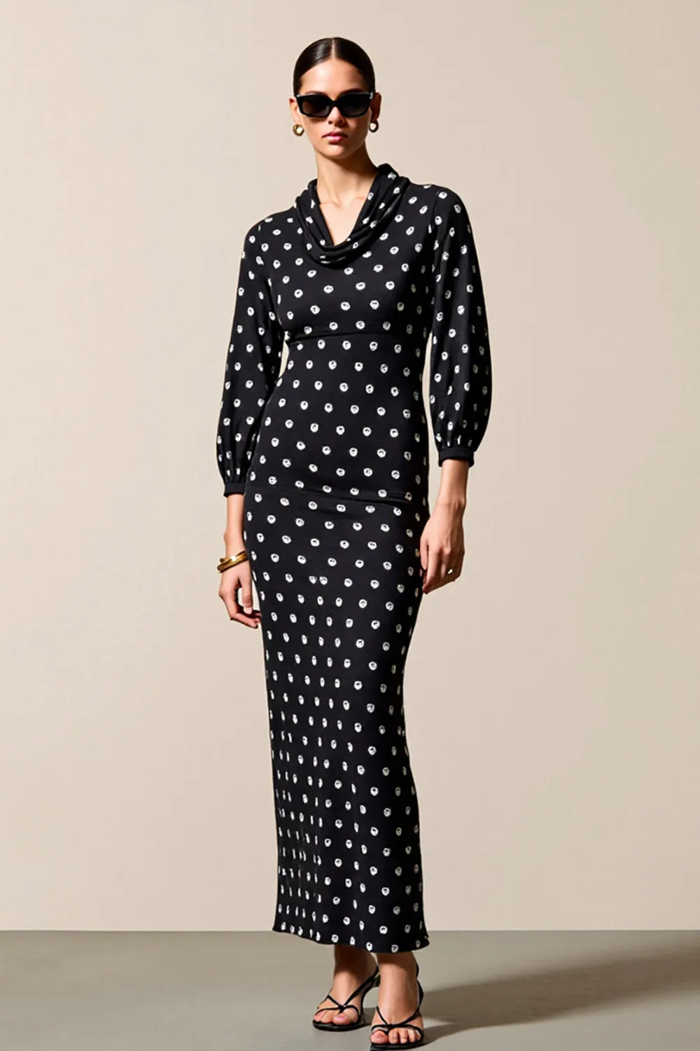 Polka Dot Cowl Neck Sheath Black Wedding Guest Dress sold by Zapaka