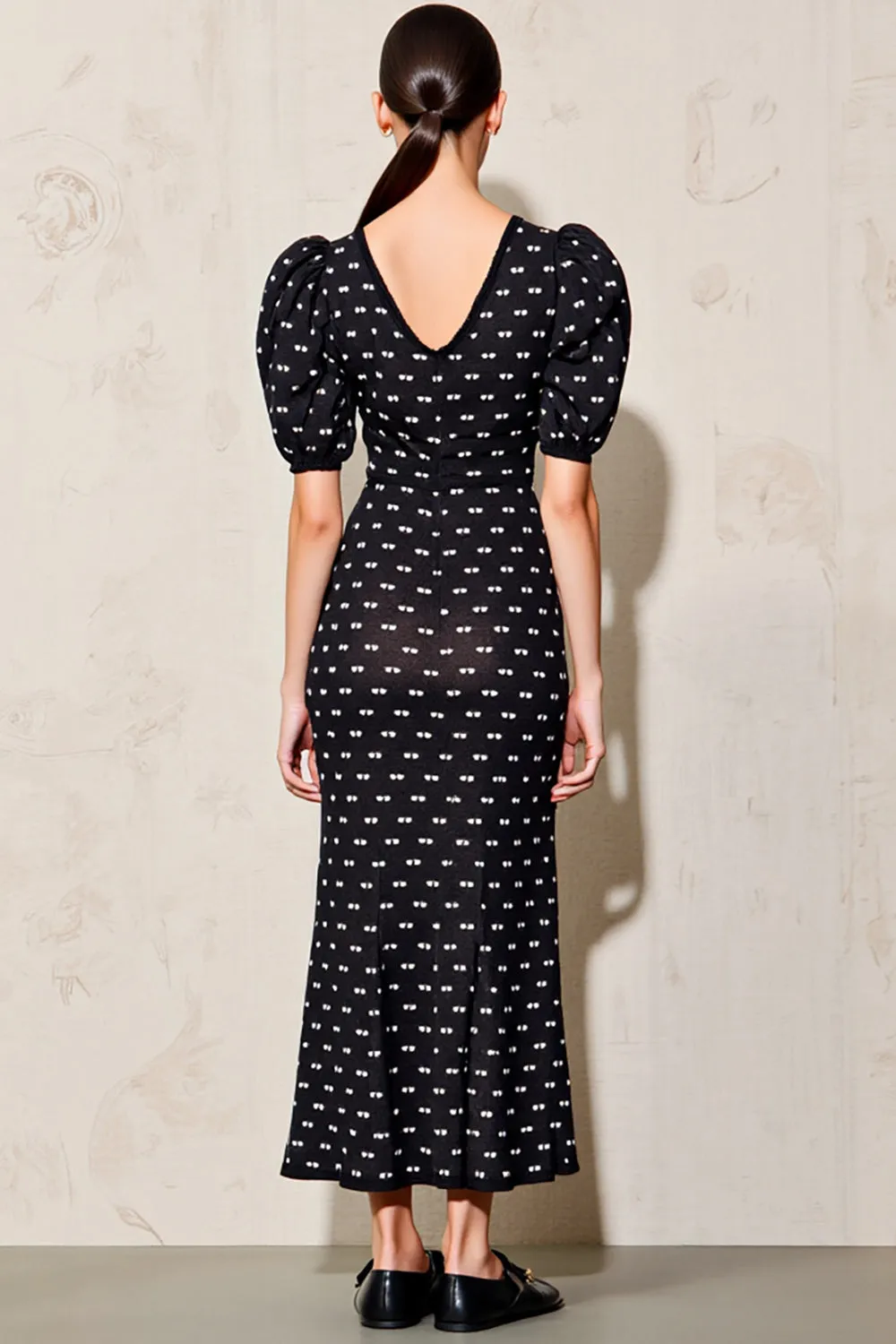 Black Polka Dot Puff Sleeve Long Wedding Guest Dress With Belt sold by Zapaka product image thumbnail 2