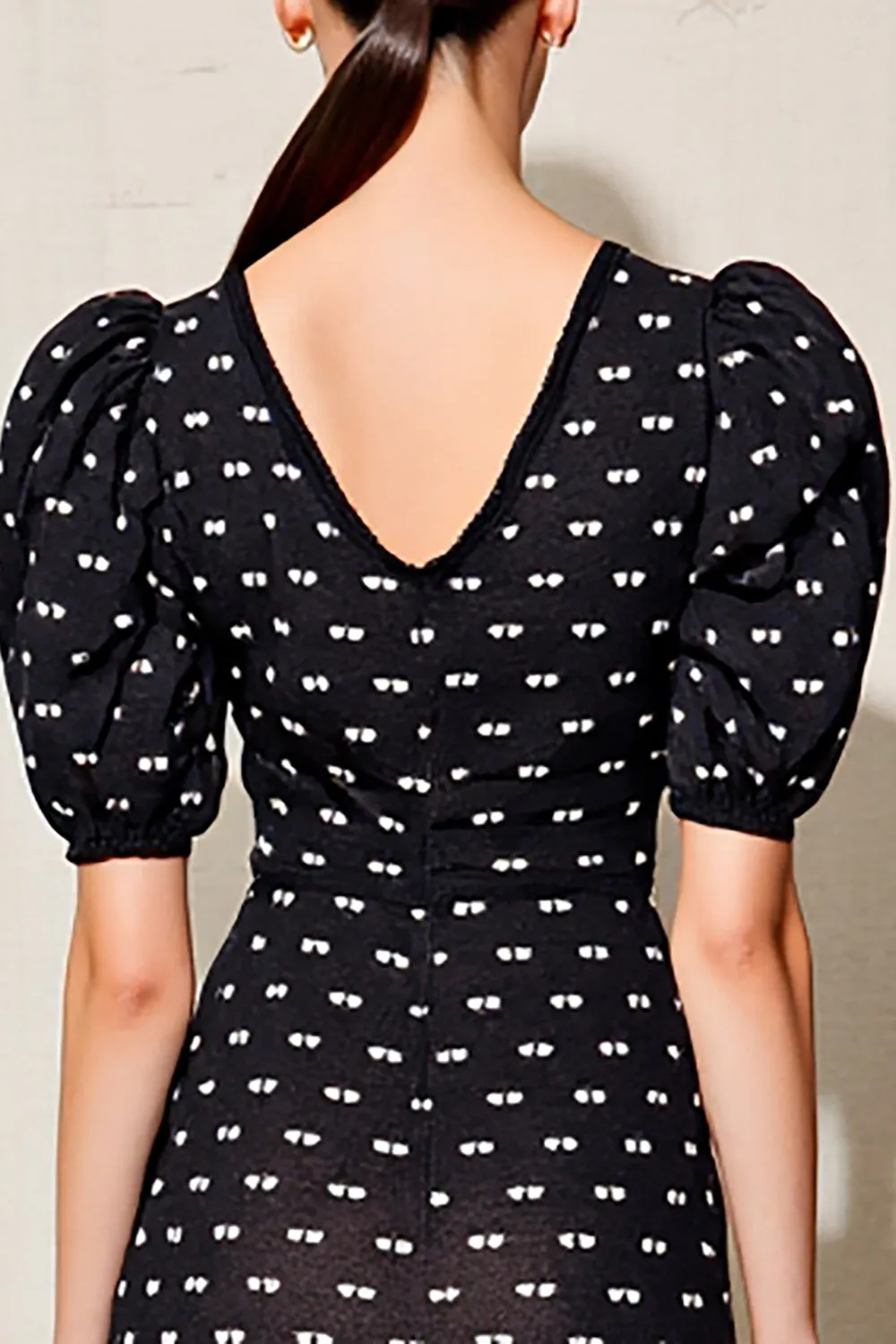 Black Polka Dot Puff Sleeve Long Wedding Guest Dress With Belt sold by Zapaka product image thumbnail 4