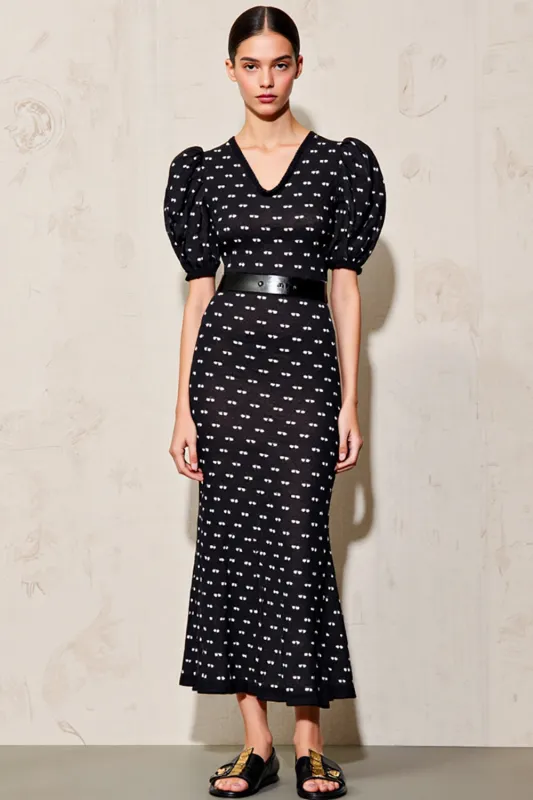 Black Polka Dot Puff Sleeve Long Wedding Guest Dress With Belt sold by Zapaka