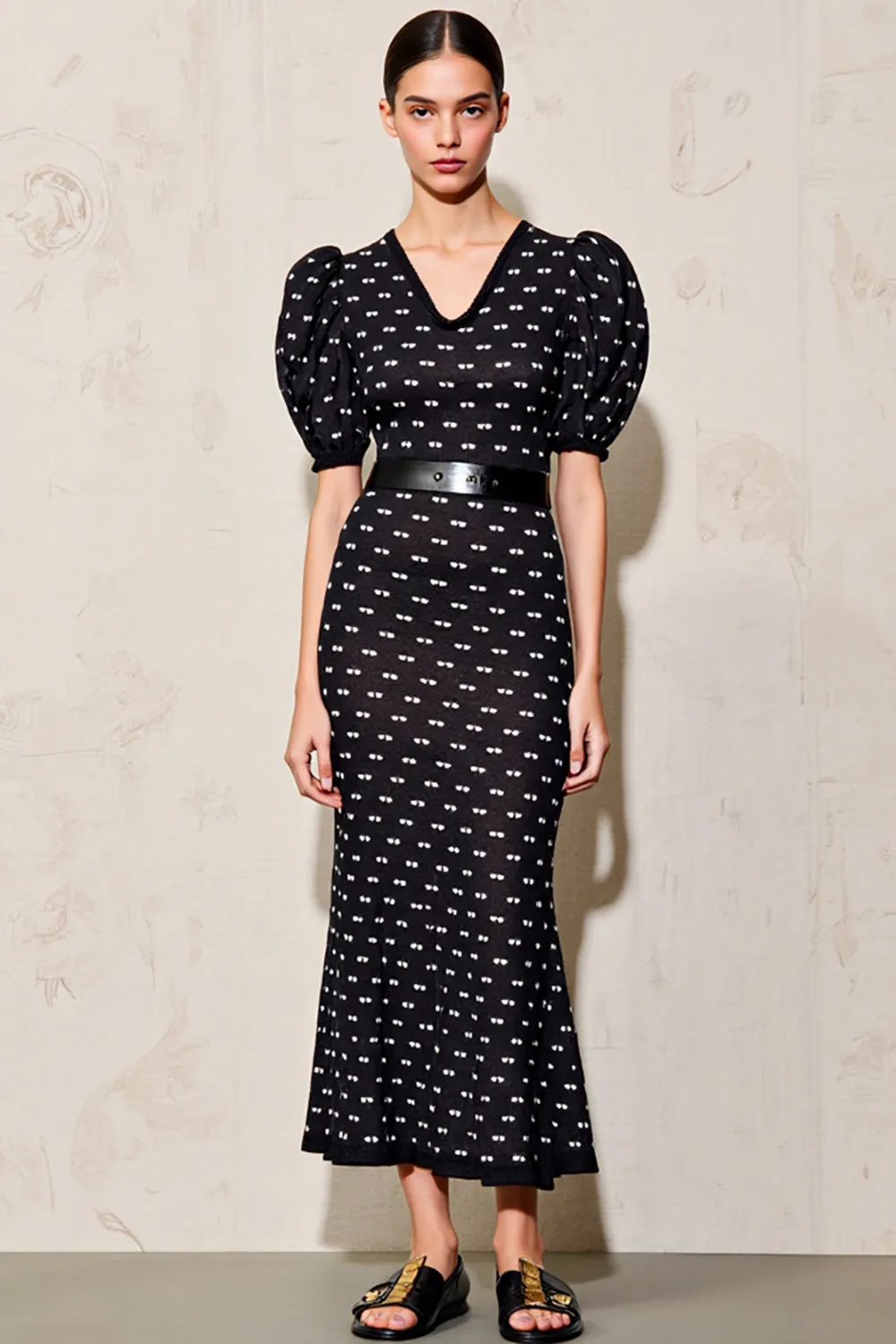 Black Polka Dot Puff Sleeve Long Wedding Guest Dress With Belt sold by Zapaka